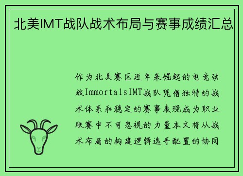 北美IMT战队战术布局与赛事成绩汇总
