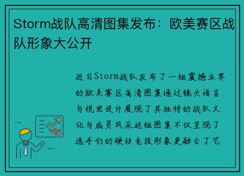 Storm战队高清图集发布：欧美赛区战队形象大公开
